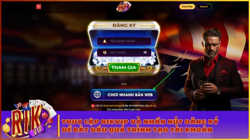 Truy cập https://rikvip.technology/ và nhấn nút Đăng Ký tại thanh công cụ để bắt đầu quá trình tạo tài khoản game nhanh chóng